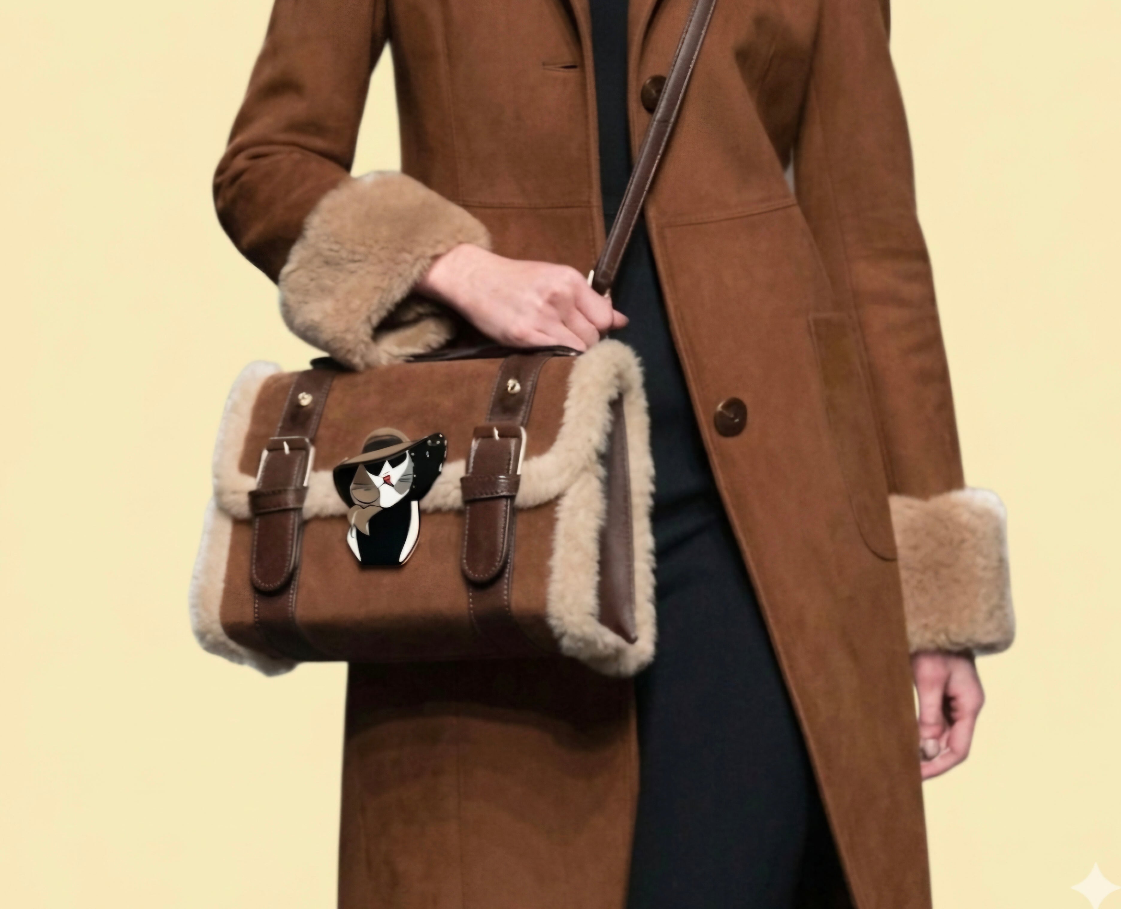 Vista frontal bolso de mano boho chic marrón chocolate broche mujer glamurosa | vaqueraspain