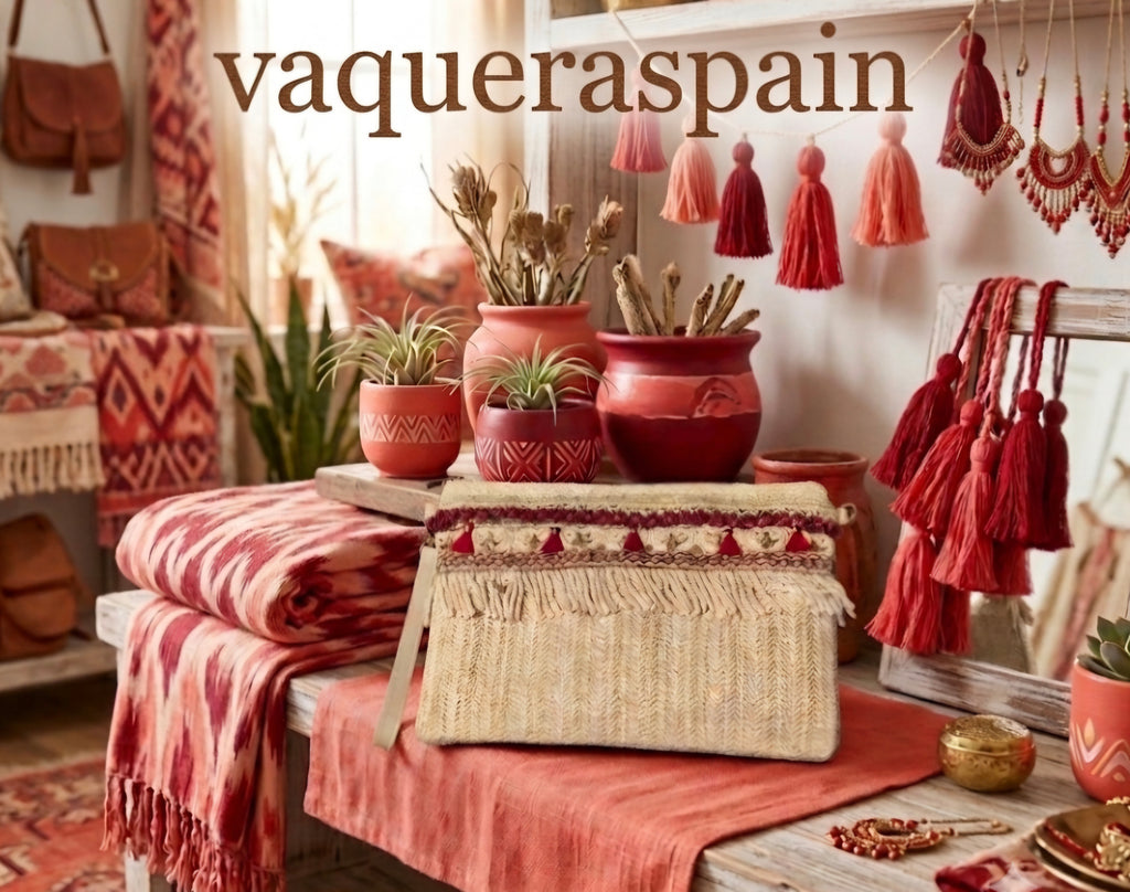 Bolso boho chic con pasamaneria granate y borlas