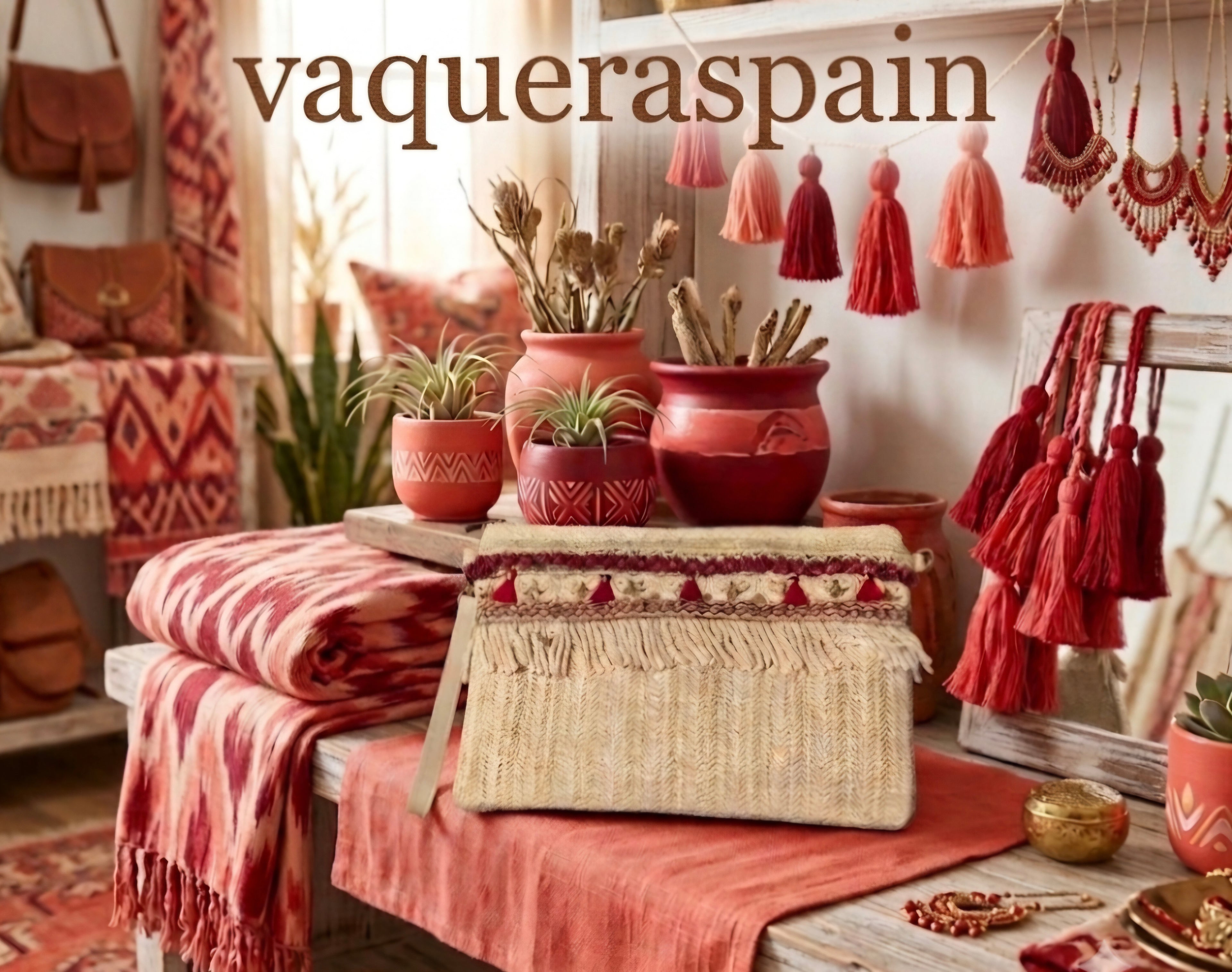 Bolso boho chic con pasamaneria granate y borlas