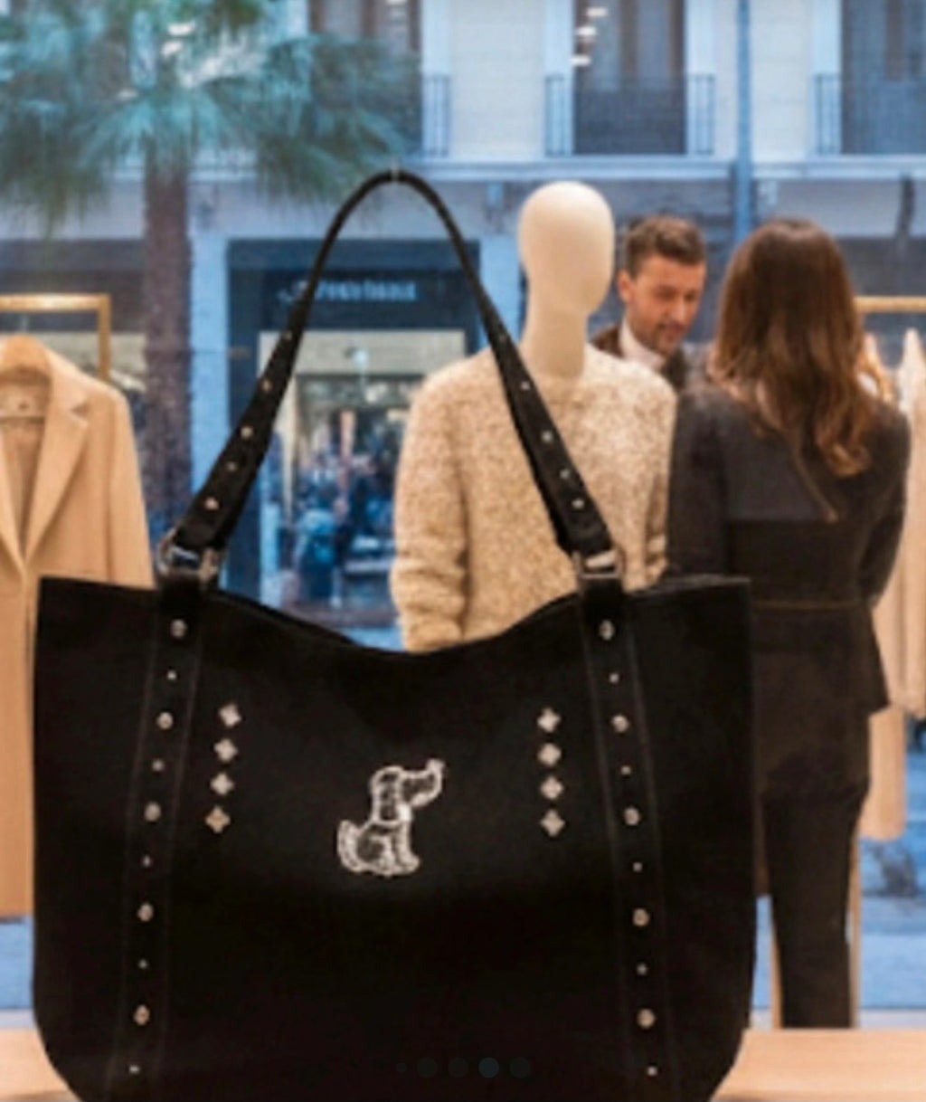 Bolso tote boho chic perrito sentado con strass vintage artesanal | vaqueraspain