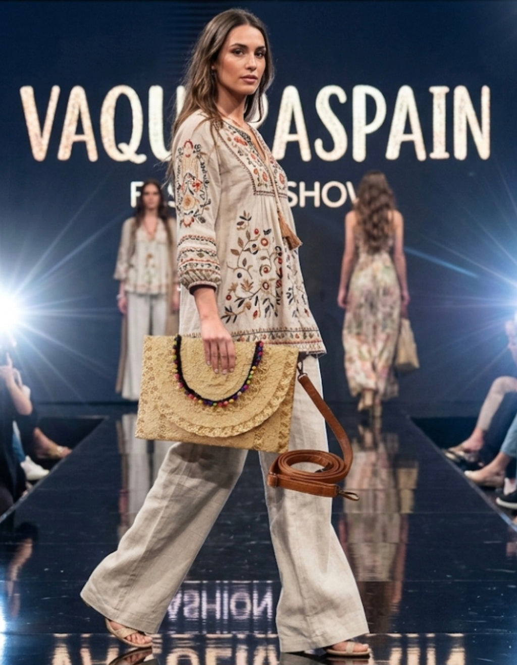 Bolso clutch bohemio con adorno semicircular bolitas de colores