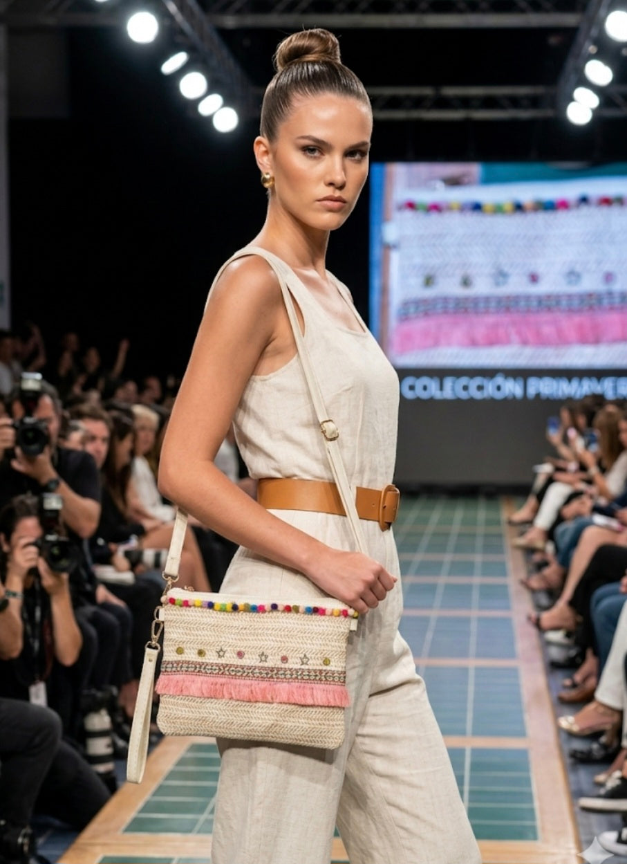 Detalle pompones y flecos rosas bolso boho chic franja étnica | vaqueraspain