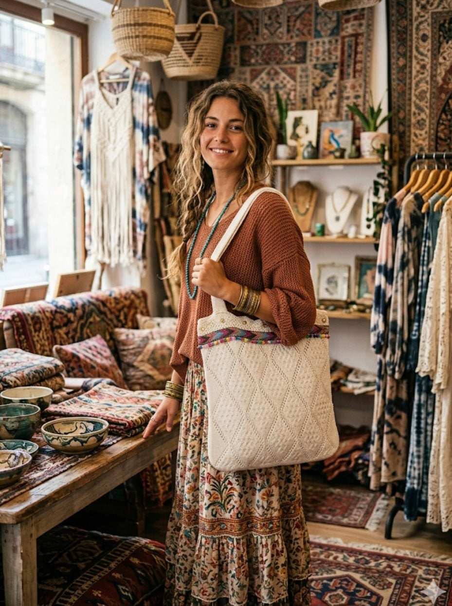 Bolso boho chic blanco roto con diseños geométricos en zigzag estilo étnico | vaqueraspain