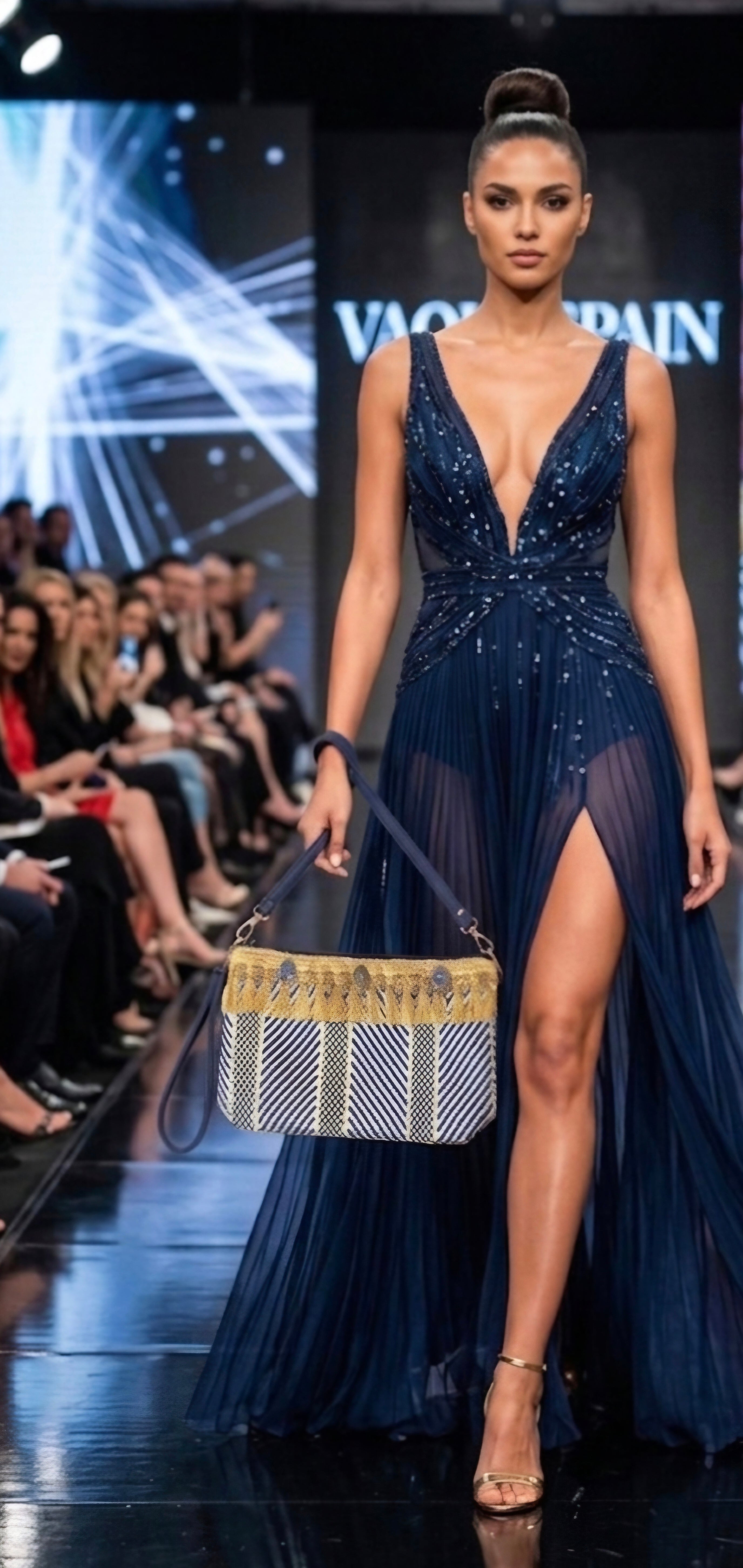 Bolso clutch boho chic pata de gallo con flecos dorados