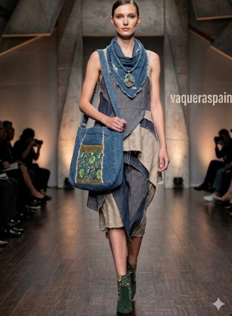 Vista lateral bolso de mano bohemio vaquero con estampado floral | vaqueraspain