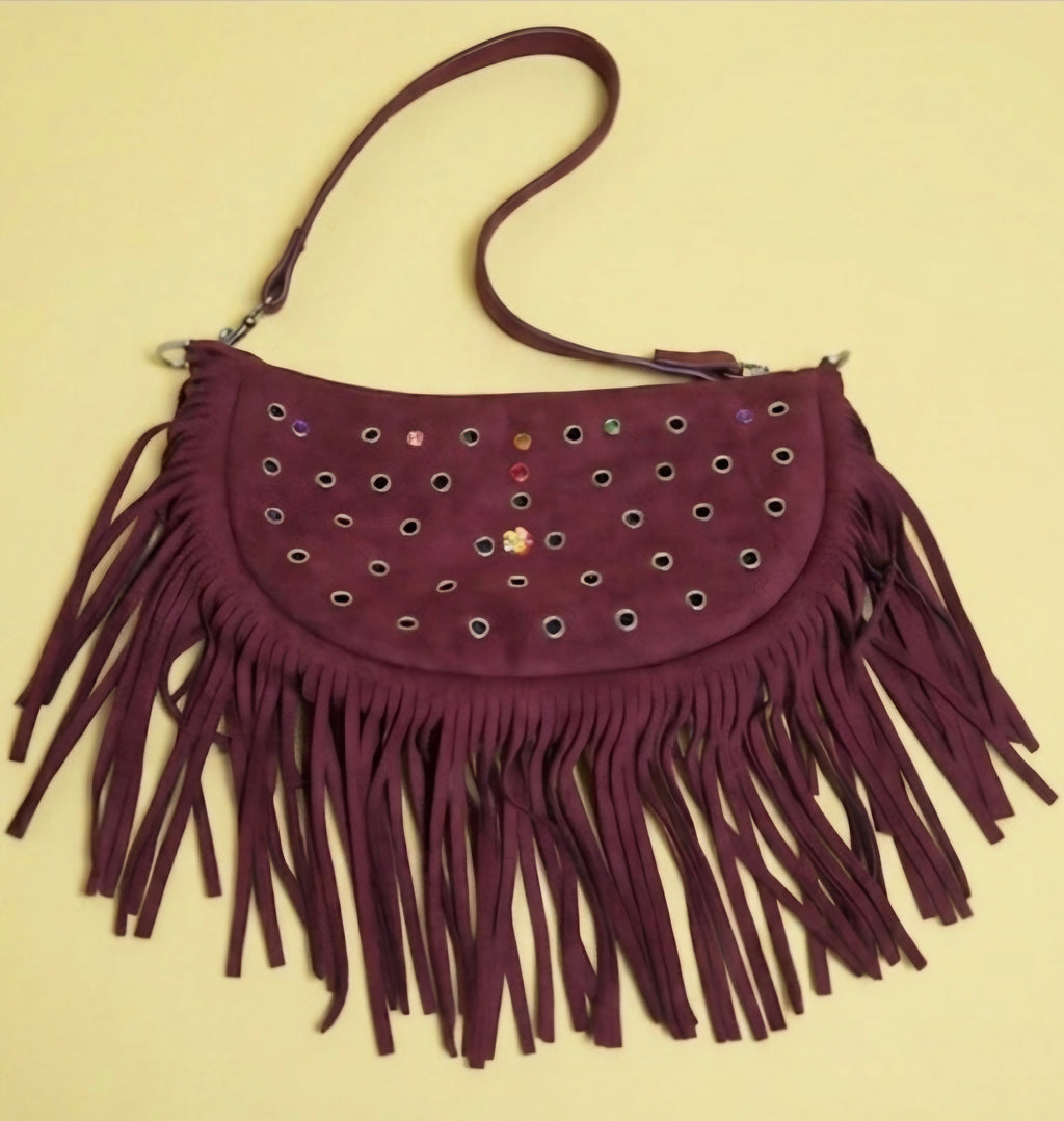 Bolso bohemio de flecos ante burdeos boho chic vintage artesanal | vaqueraspain