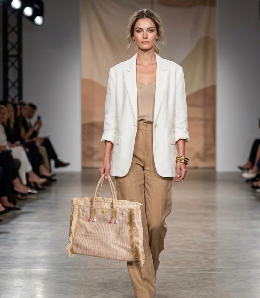 Vista lateral bolso tote bohemio beige crema con pompones y borlas | vaqueraspain