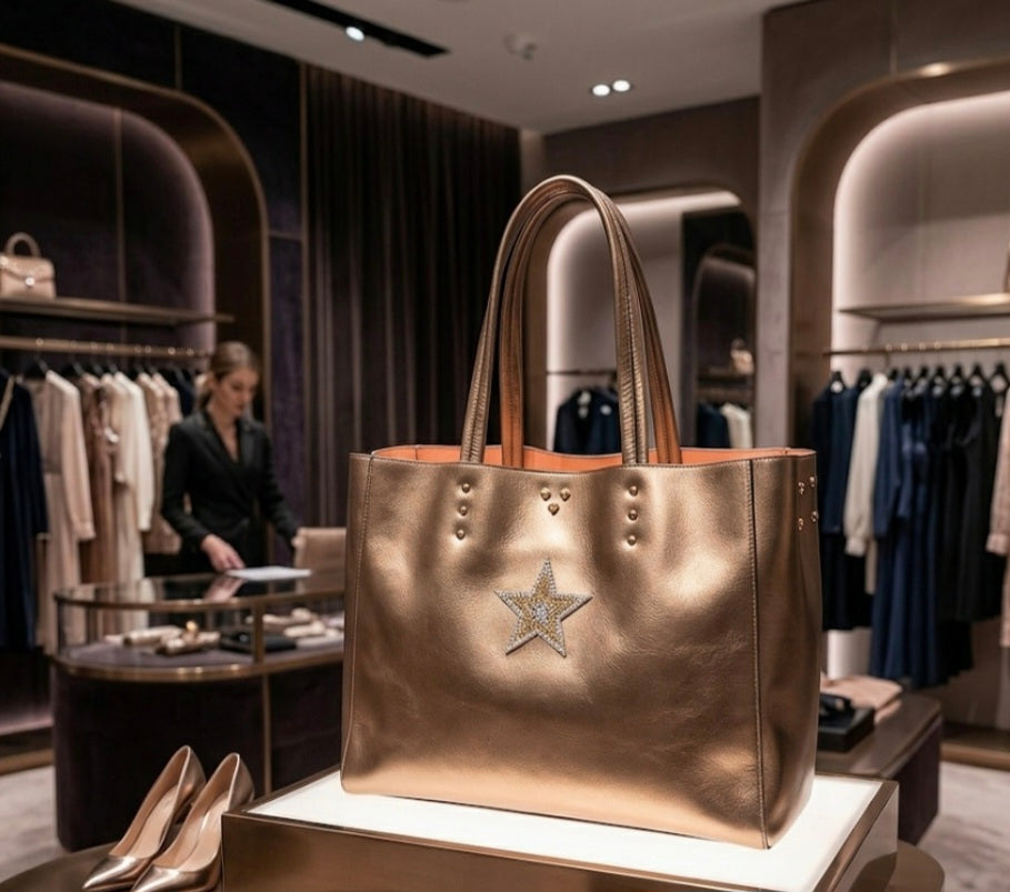 Bolso Tote bronce metalizado con brillo satinado - vaqueraspain