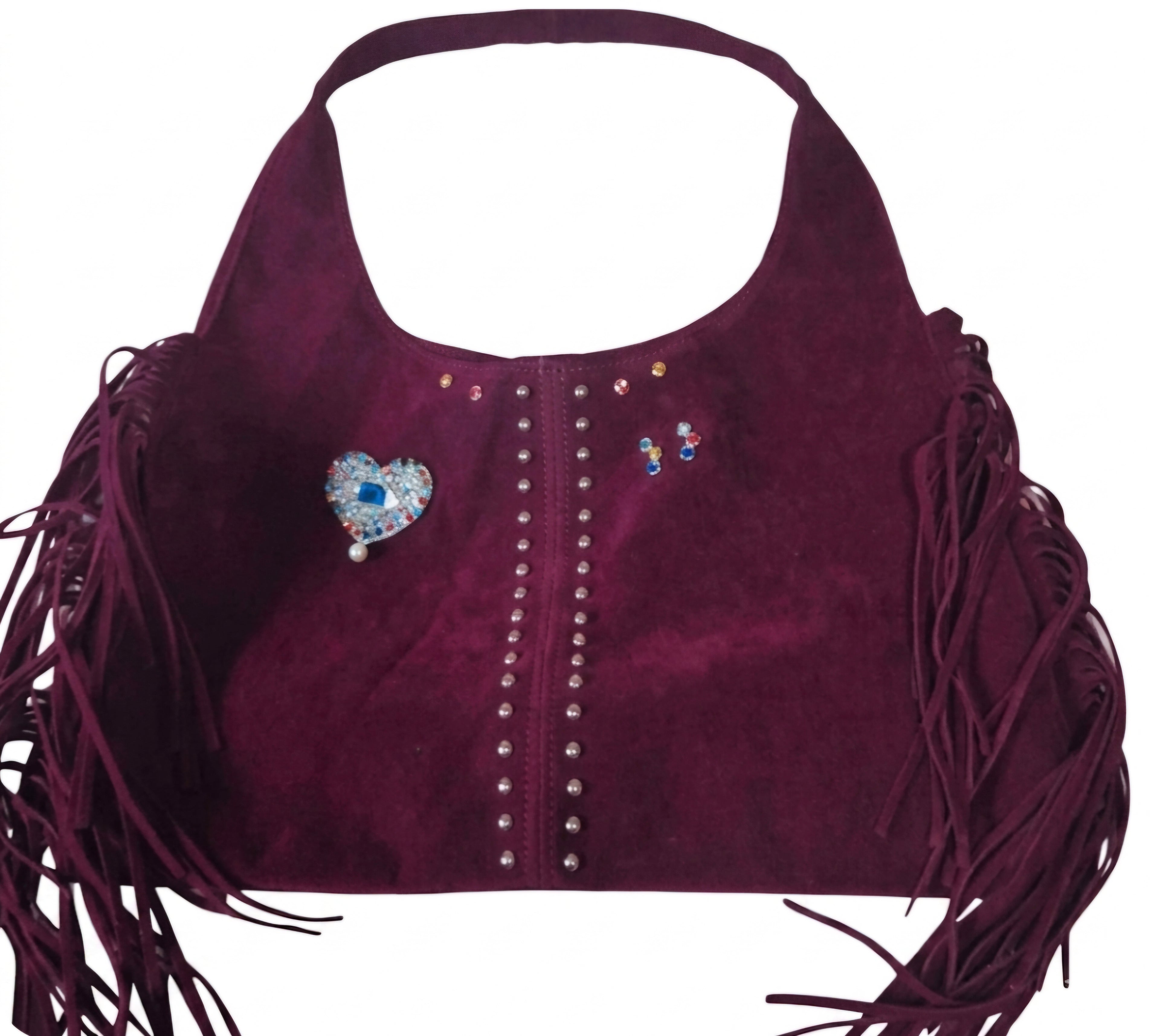 Vista lateral bolso tote bohemio antelina burdeos corazón blanco | vaqueraspain