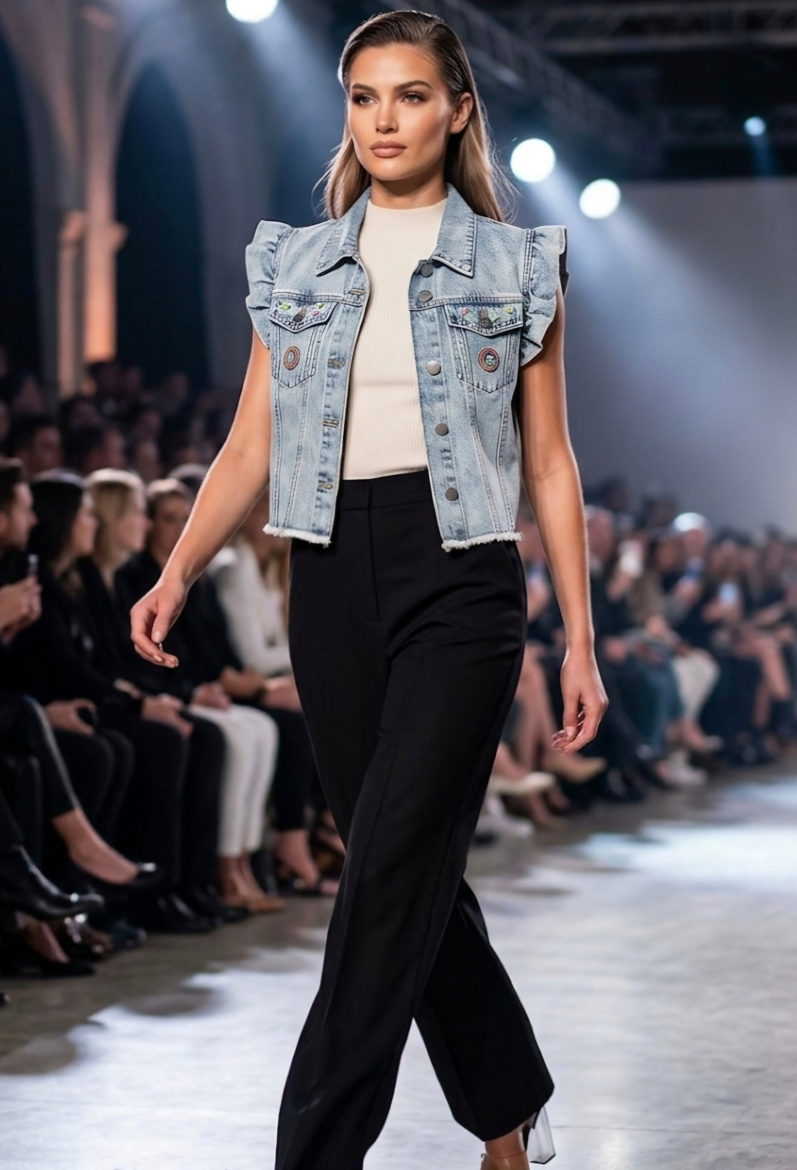 Chaleco vaquero artesanal con volantes talla M y parche topos boho chic | vaqueraspain