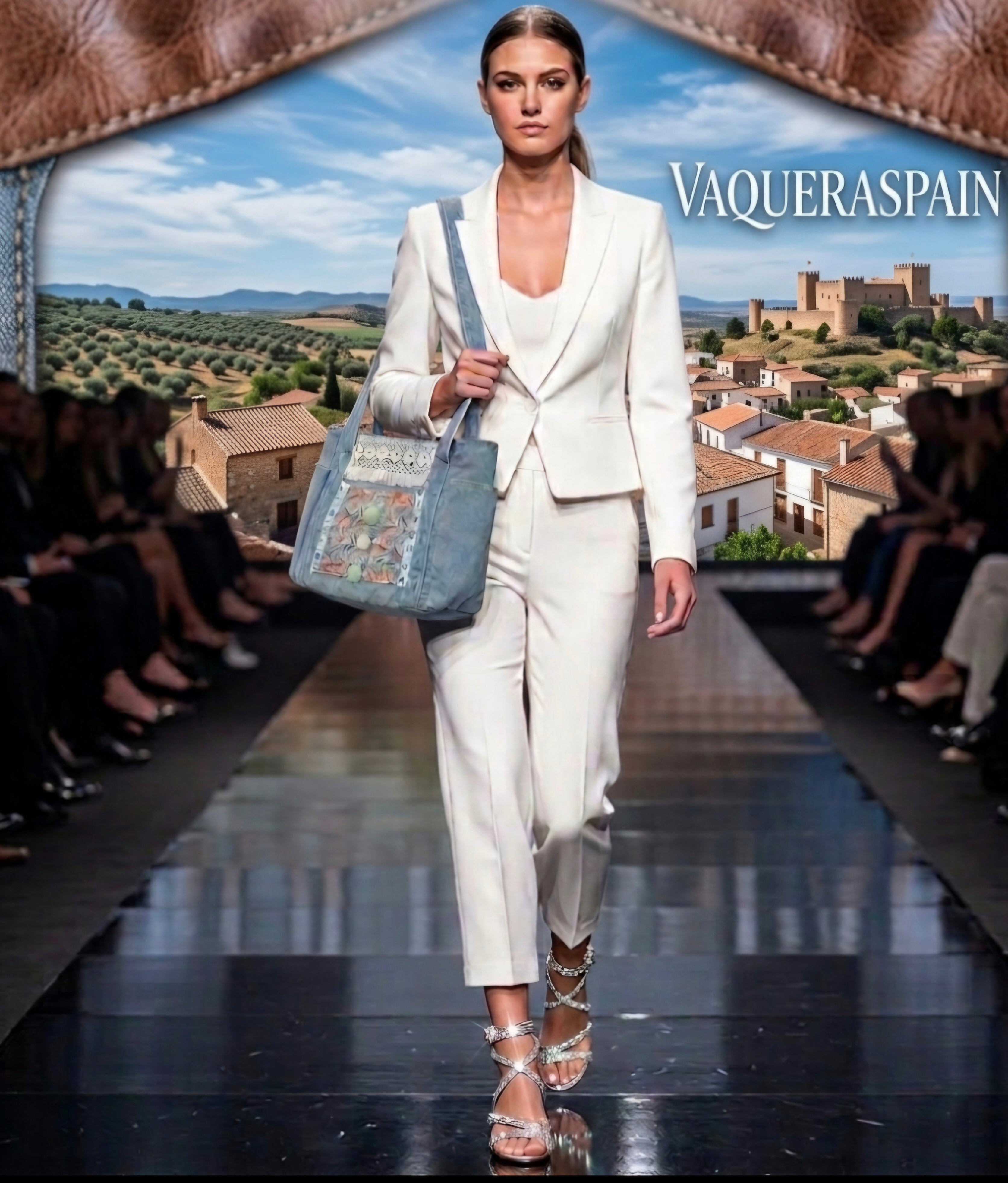 Vista frontal bolso boho artesanal patrones geométricos con pompones | vaqueraspain
