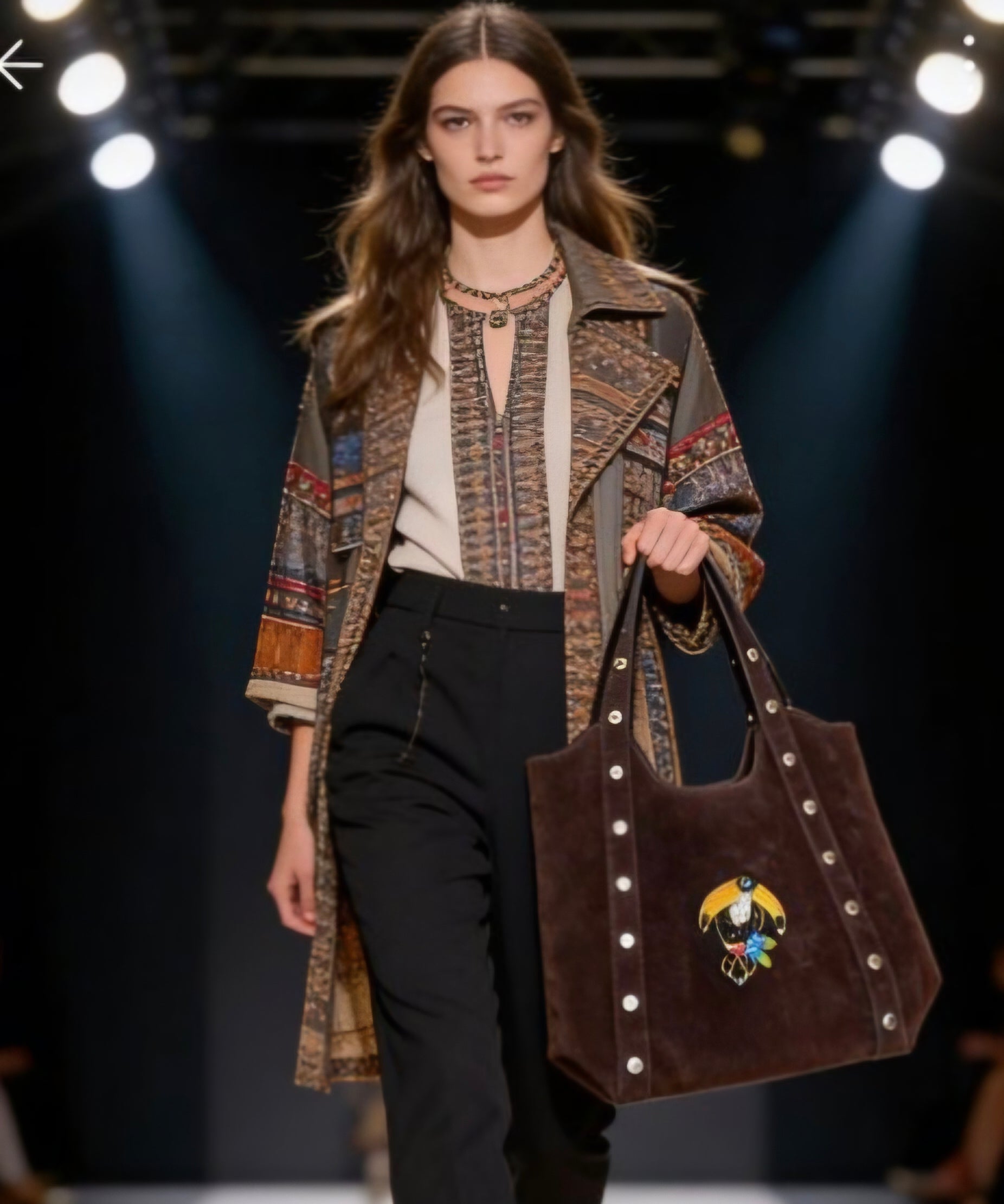Detalle tucán vibrante bolso tote bohemio antelina marrón chocolate oscuro | vaqueraspain
