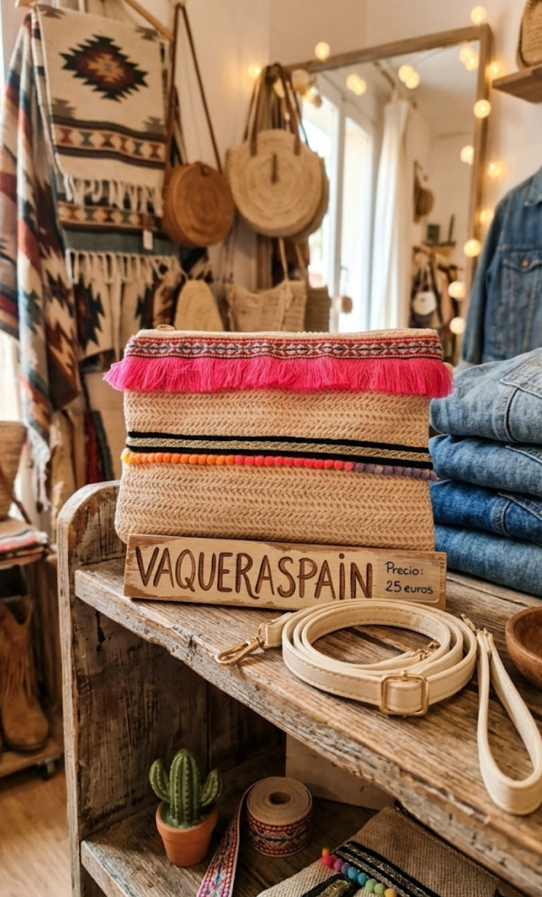 Bolso boho chic étnico con mini pompones y flecos fucsia artesanal vintage | vaqueraspain
