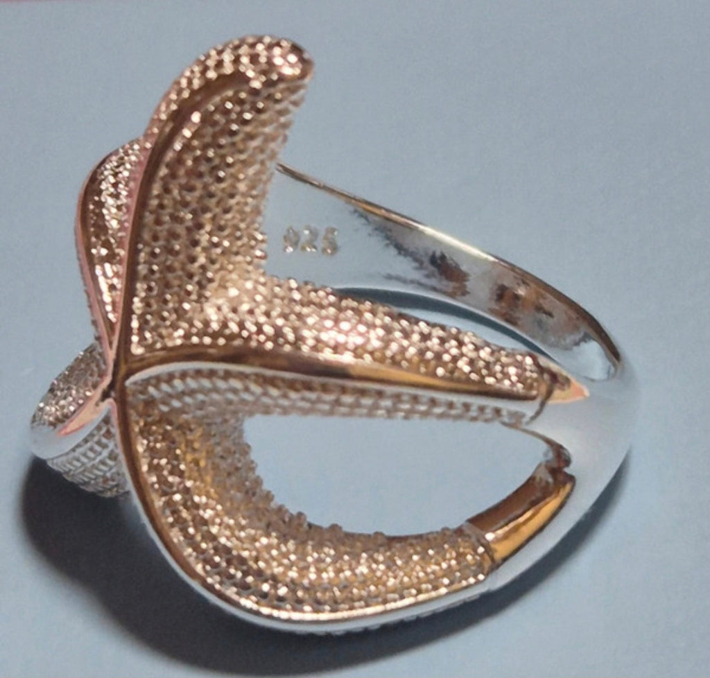 Vista frontal anillo náutico estrella de mar de plata 925 boho chic | vaqueraspain