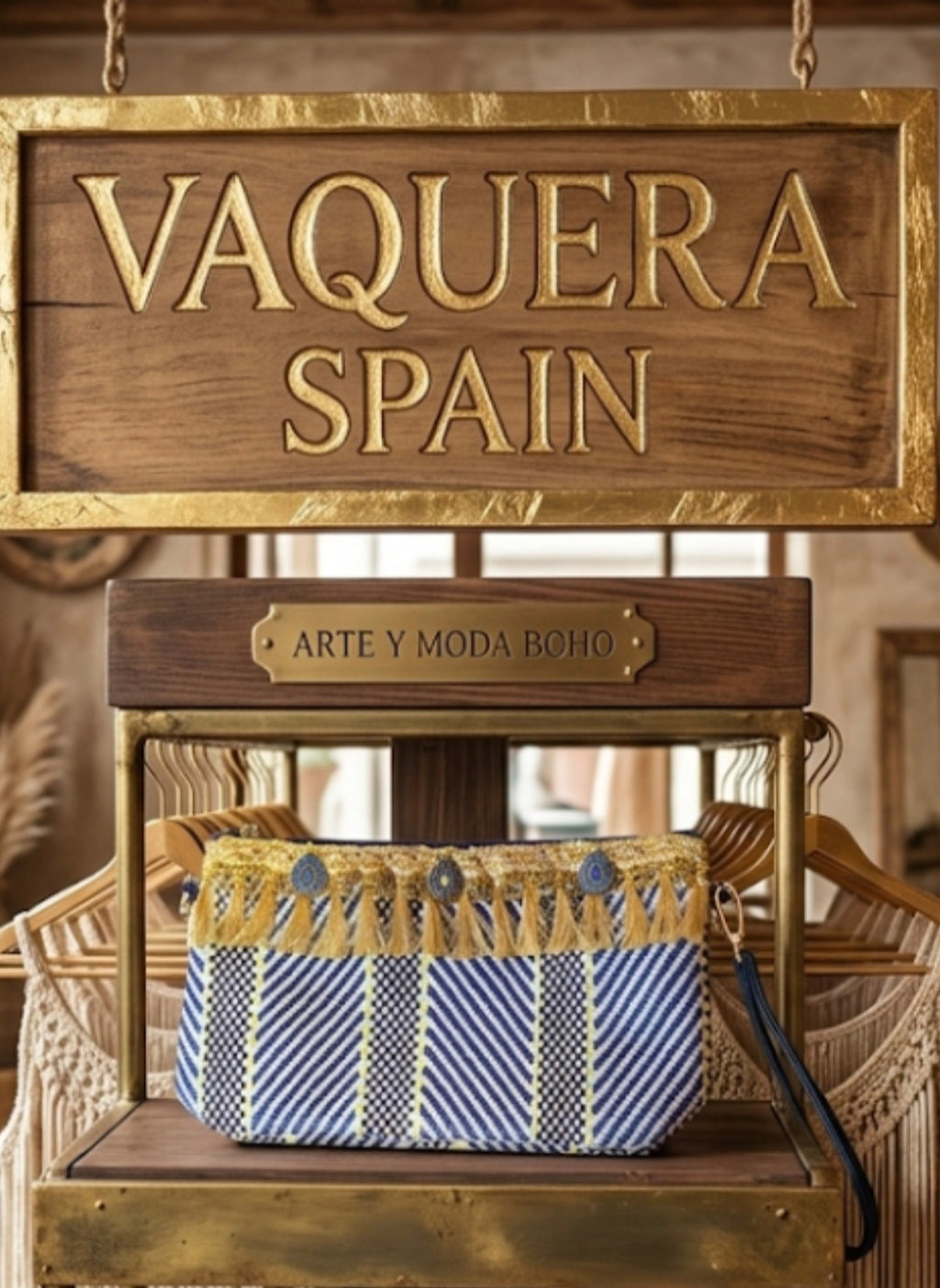 Bolso clutch boho chic pata de gallo con flecos dorados