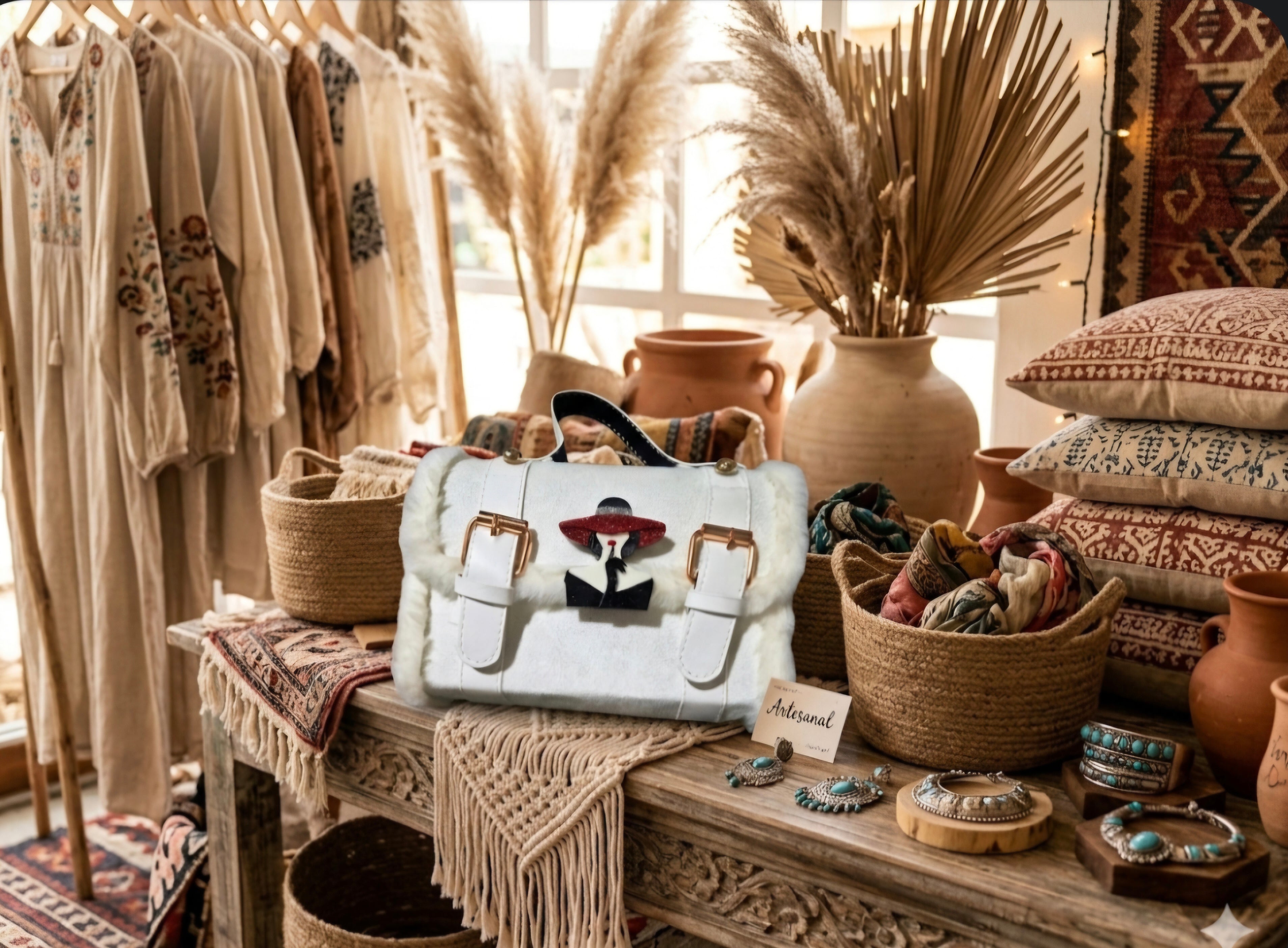 Vista lateral bolso de mano bohemio blanco roto boho chic vintage | vaqueraspain
