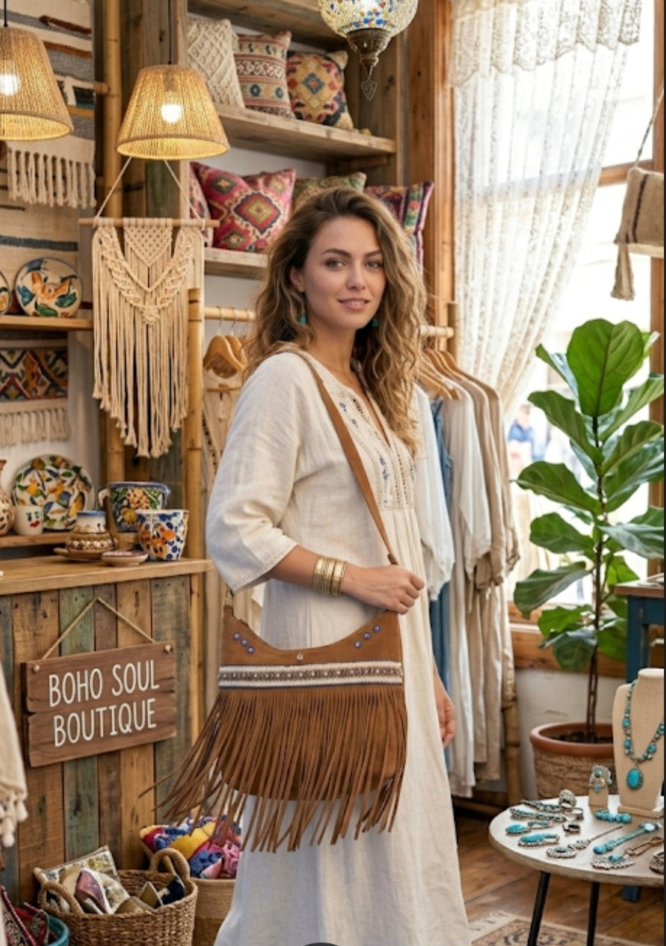 Bolso bohemio boho chic de flecos color camel con galón de perlas blancas y tachas | vaqueraspain