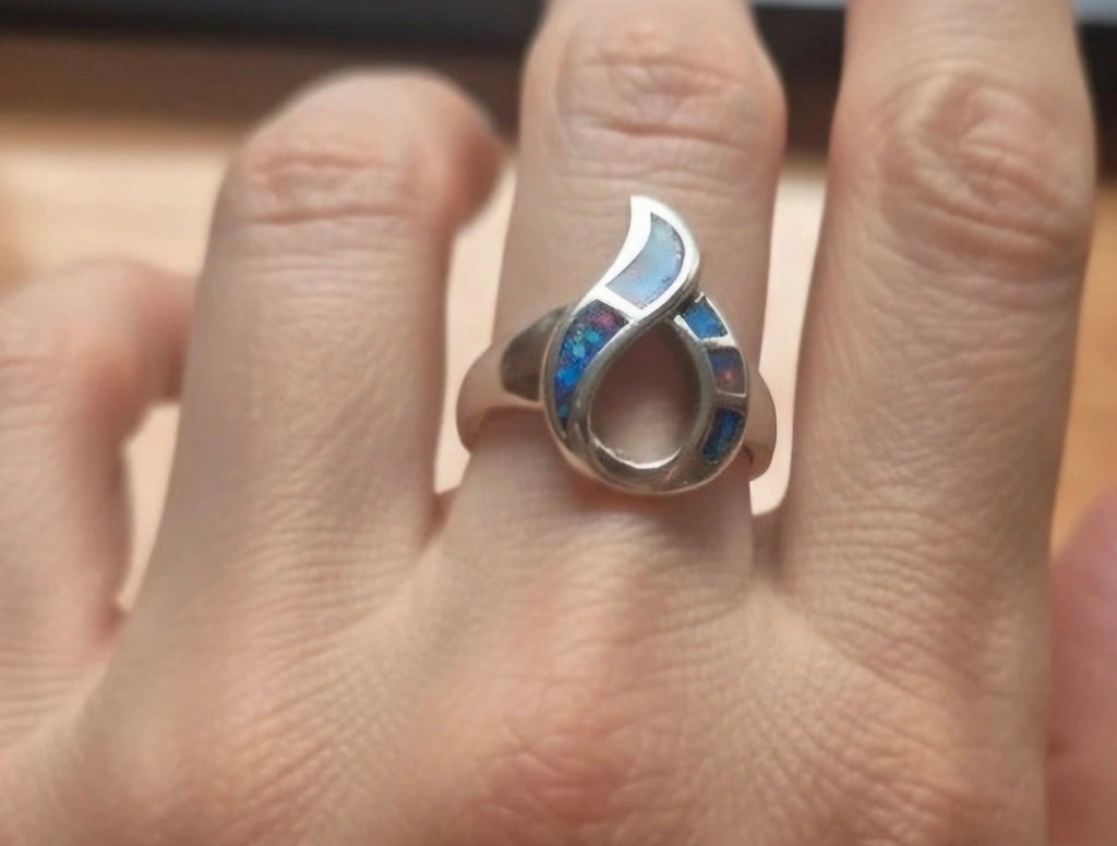 Anillo llama de fuego ópalo negro sintético plata 925 talla 13,5 boho chic | vaqueraspain