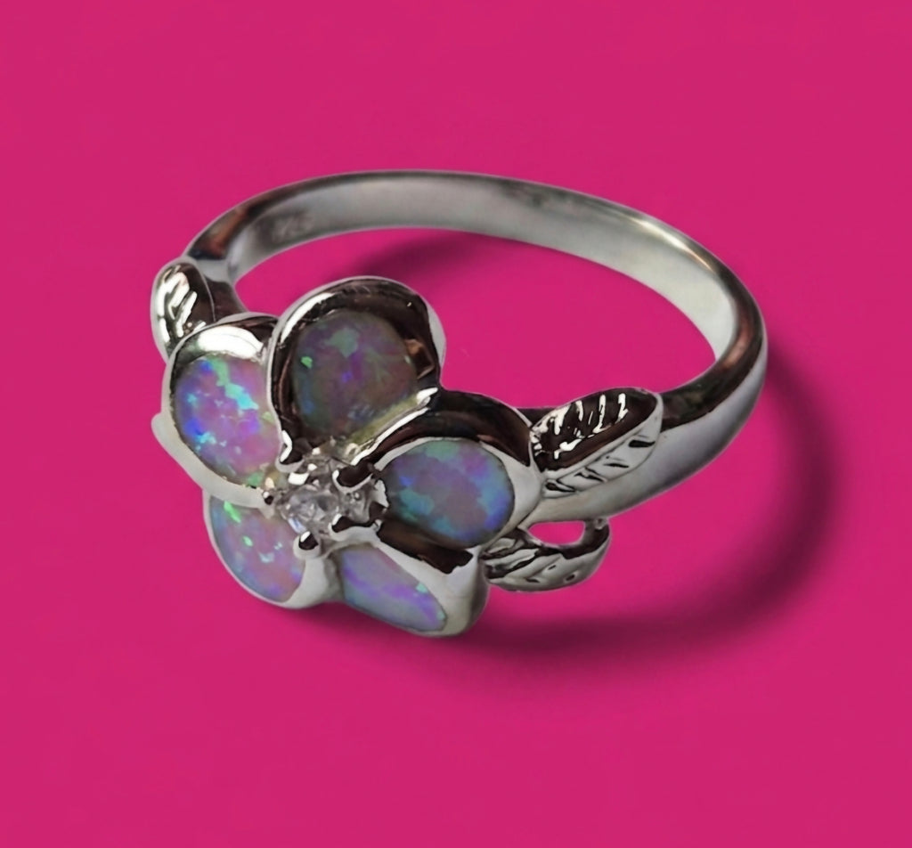 Anillo flor ópalo sintetico de plata 925