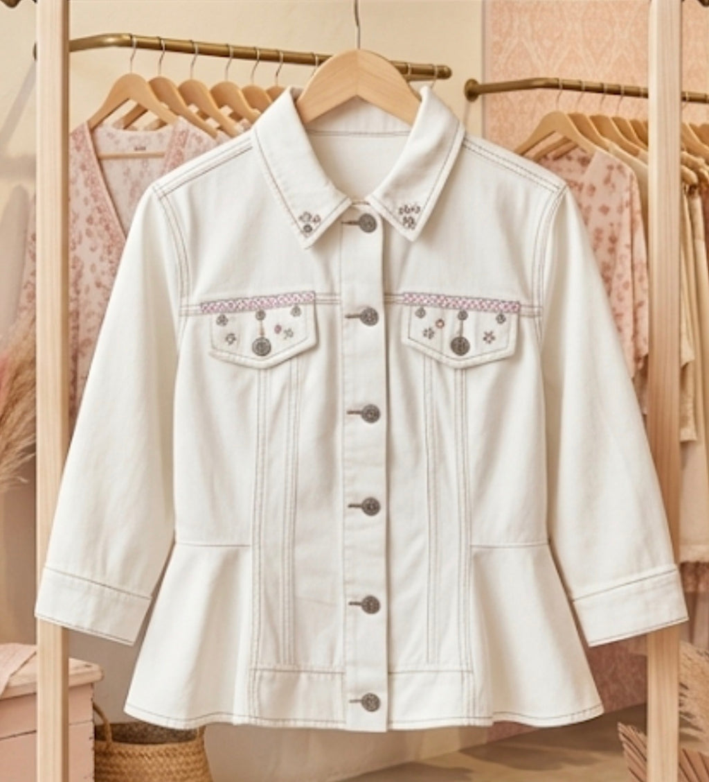 Chaqueta vaquera bohemia blanco roto marfil talla M