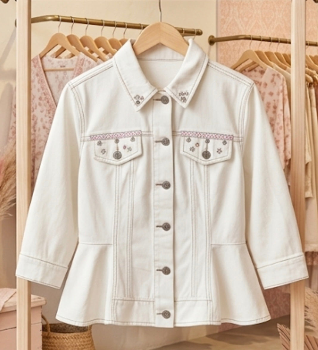 Chaqueta vaquera bohemia blanco roto marfil talla M
