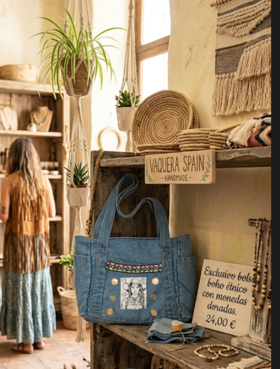 Vista lateral bolso bohemio étnico vintage con monedas | vaqueraspain
