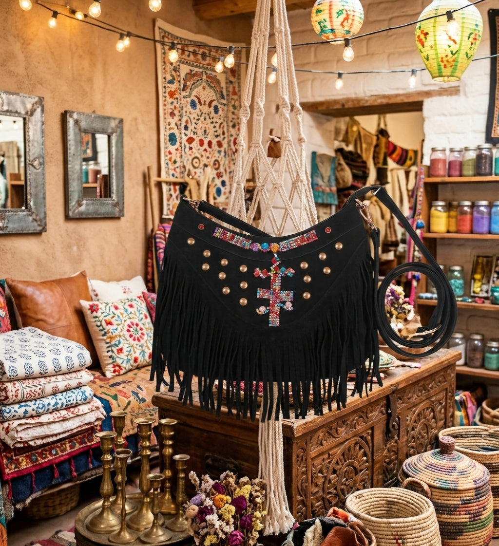 Bolso boho flecos look festival de antelina negra boho chic vintage | vaqueraspain