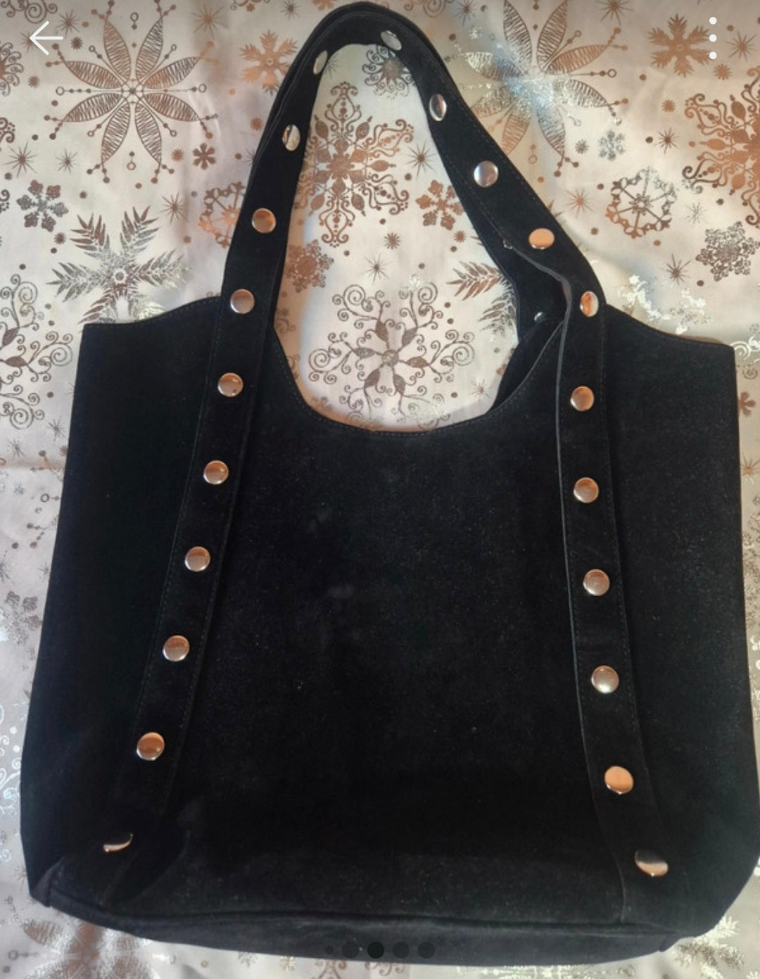Vista frontal bolso tote elefante brillante antelina negra vintage | vaqueraspain