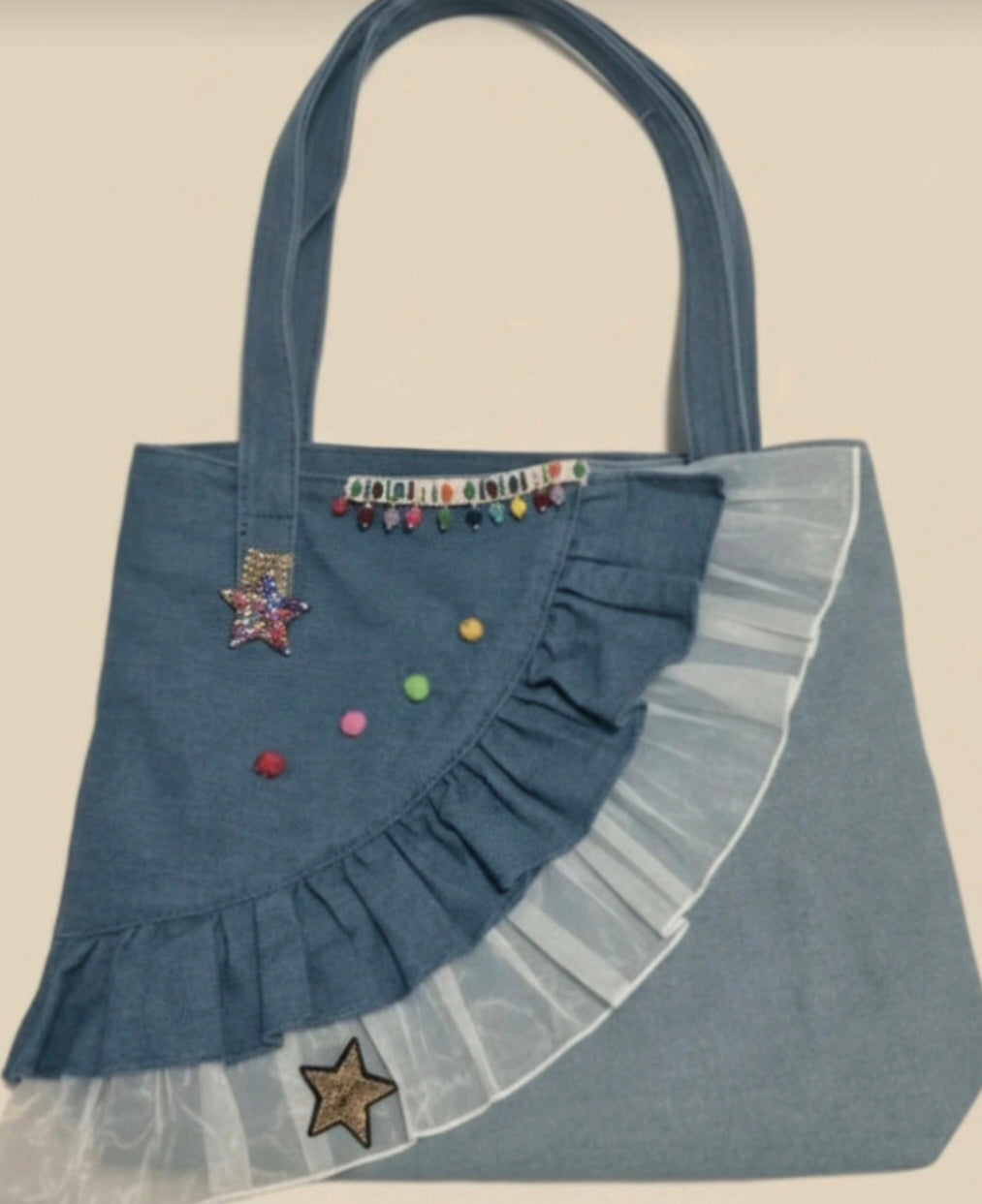 Bolso Tote vaquero boho chic con pompones y estrellas - vaqueraspain