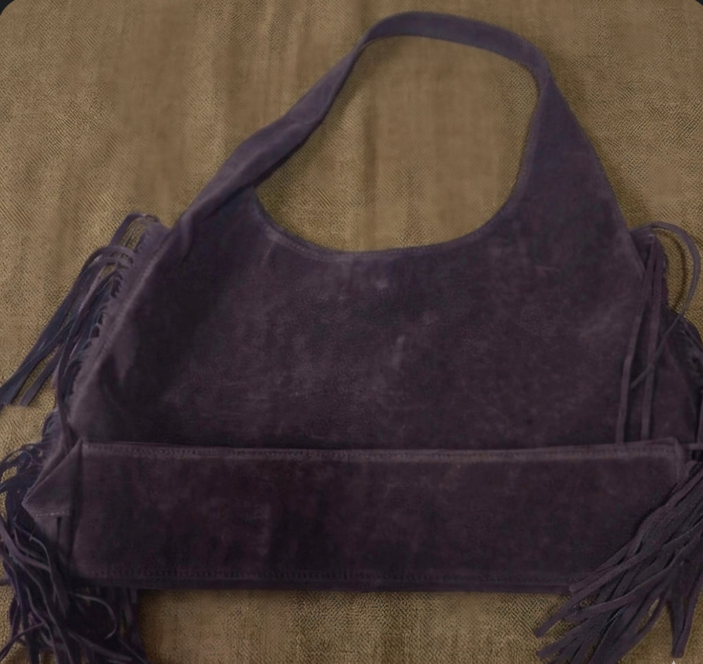 Vista frontal bolso tote boho chic ojo y corazón antelina marrón café | vaqueraspain