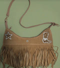 Bolso bohemio boho chic con flecos animal print color marrón camel - vaqueraspain