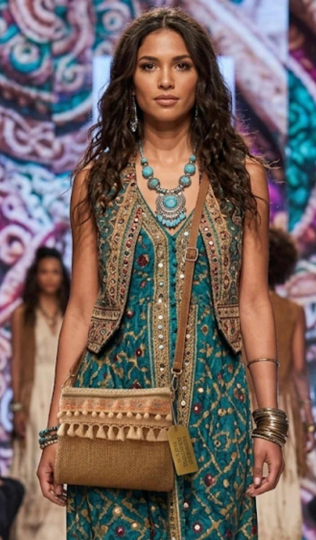 Vista lateral bolso bohemio marrón natural con bordados étnicos | vaqueraspain