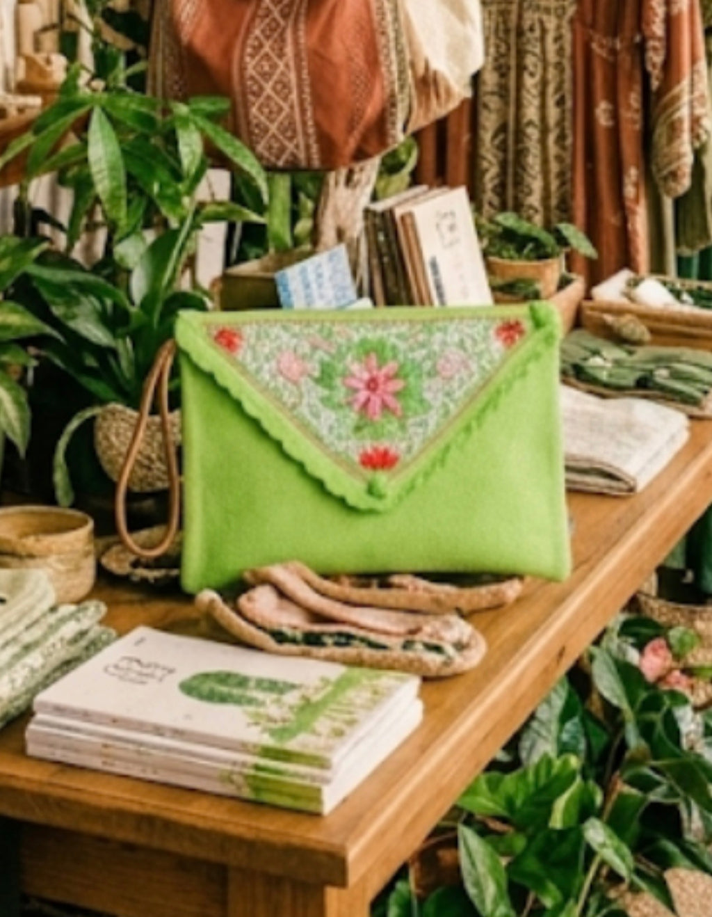 Bolso boho chic verde lima con detalle floral