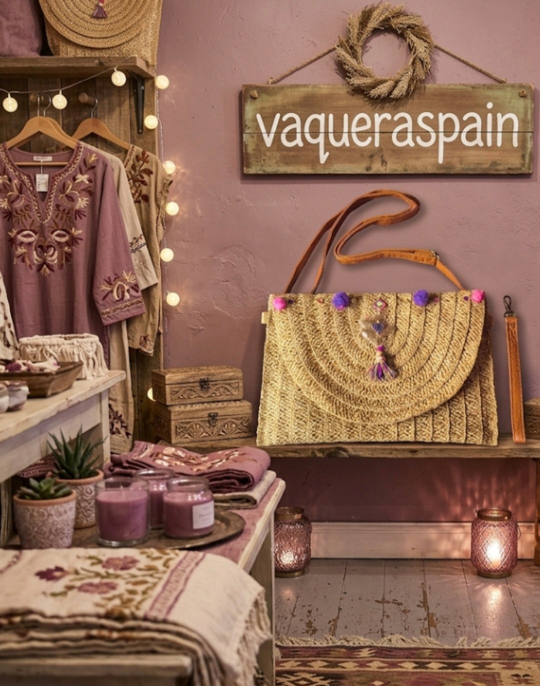 Bolso boho chic pompones rosa brillante y morados
