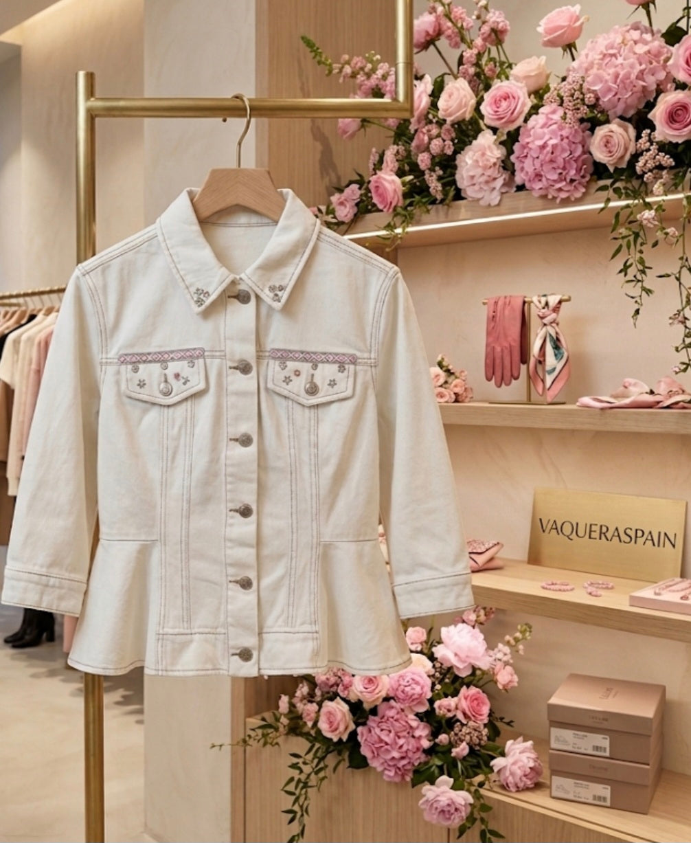 Chaqueta vaquera bohemia blanco roto marfil talla M