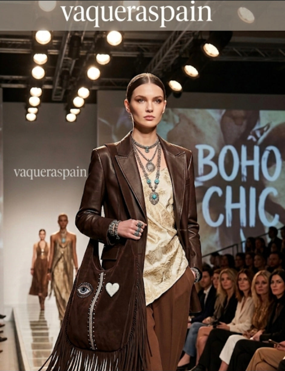 Vista lateral bolso tote bohemio ojo y corazón antelina marrón café | vaqueraspain