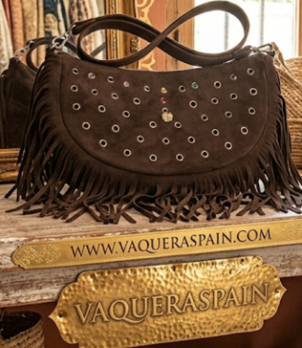Bolso boho flecos de ante marron chocolate