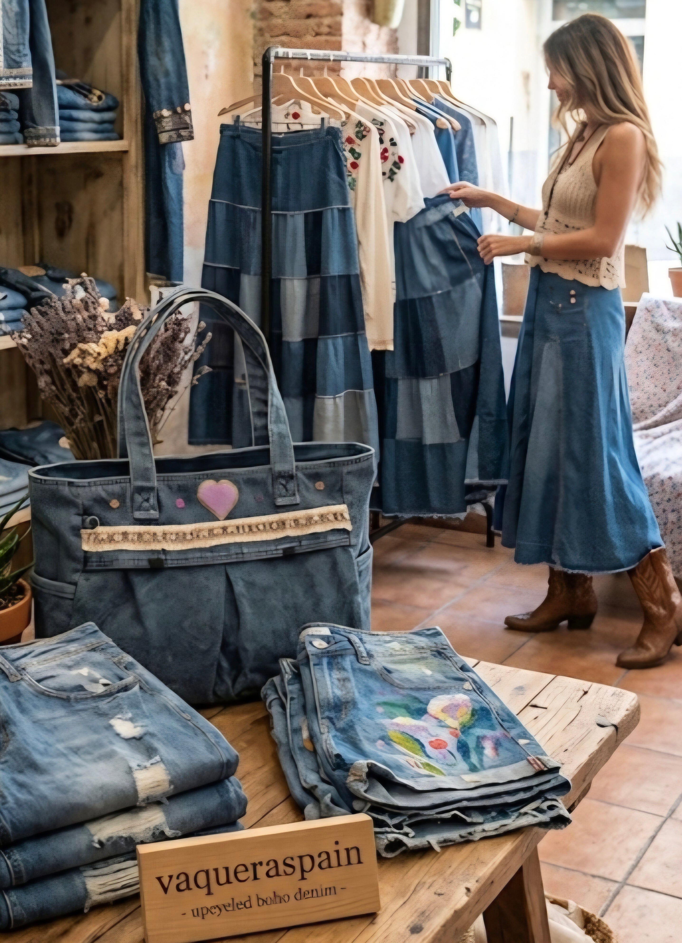 Bolso tote vaquero corazón boho chic artesanal vintage | vaqueraspain