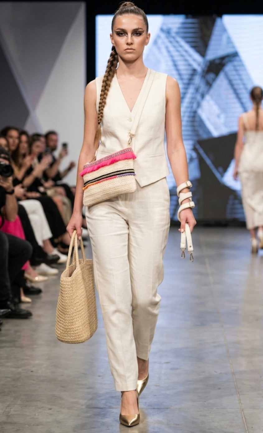 Vista lateral bolso étnico bohemio con pompones y flecos fucsia | vaqueraspain