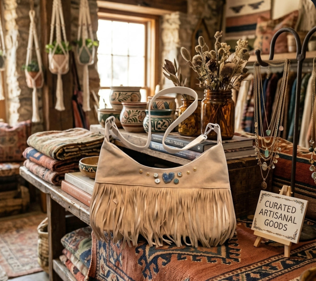 Bolso boho de flecos color beige claro con corazón artesanal vintage | vaqueraspain