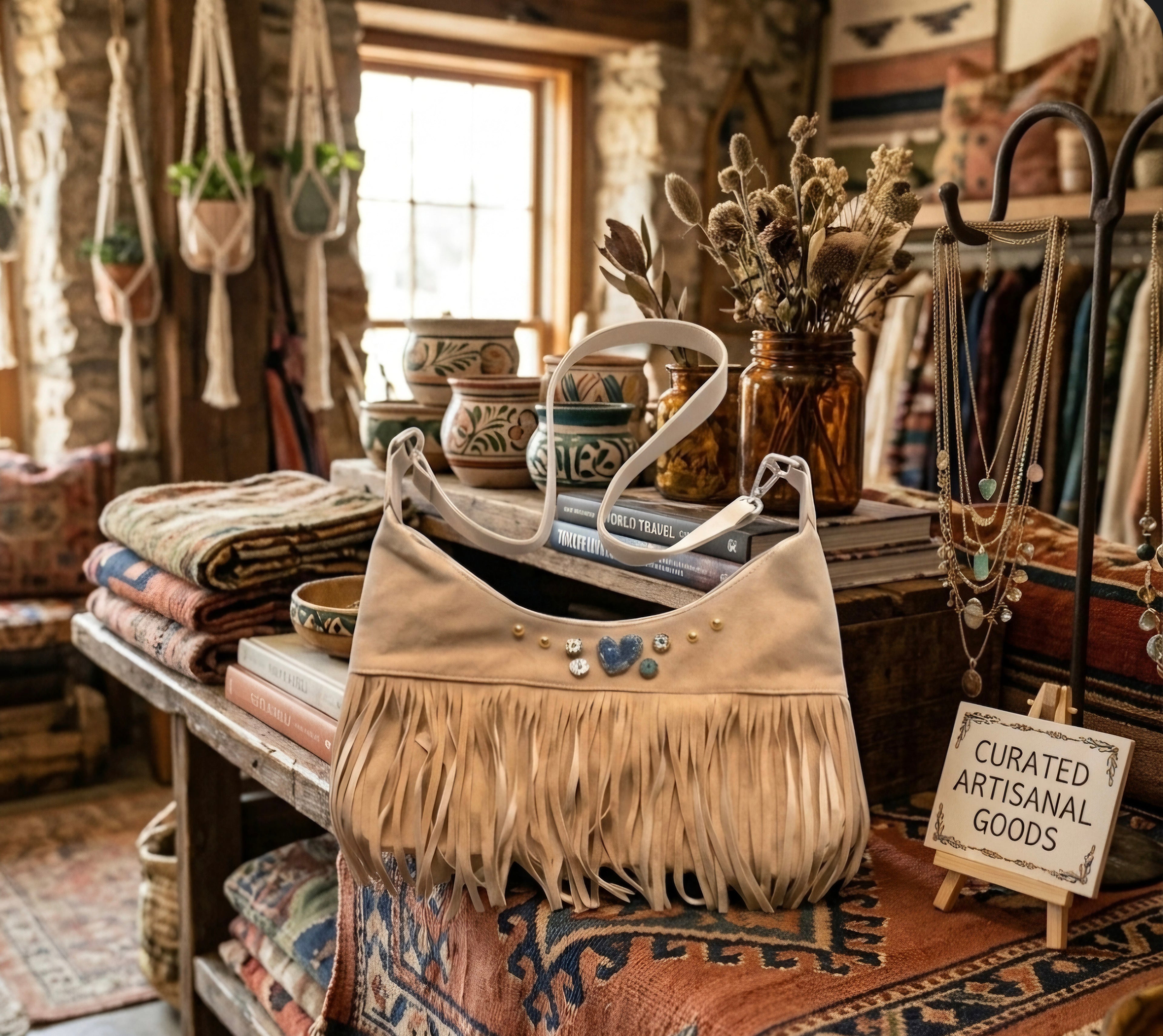 Bolso boho de flecos color beige claro con corazón artesanal vintage | vaqueraspain